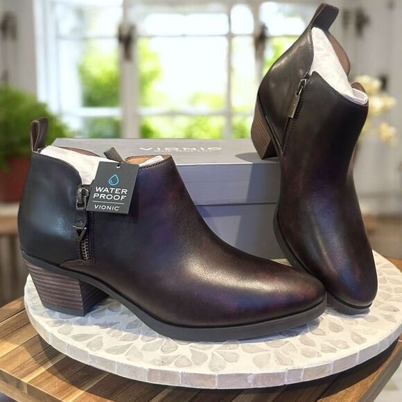 Vionic $170 Cecily Waterproof Leather Ankle Boot Dual Zip Orthotic Support Women - Picture 1 of 16